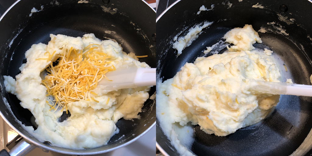 完成したマッシュポテトに、細切りチーズを一掴み加えてもうひと練り。チーズの粒感を少し残すのがコツ。おすすめは、モントレージャックとチェダーをブレンドしたタイプ。